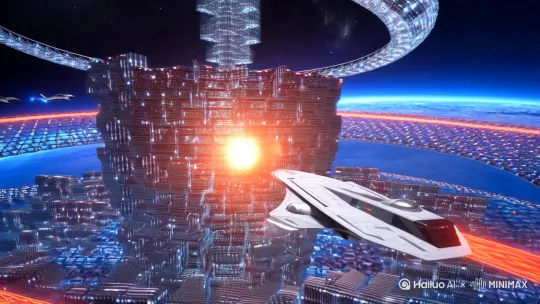 分镜1: 一艘流线型银色宇宙飞船缓慢穿过庞大而复杂的戴森球结构。由纳米合金构成的几何体块环绕恒星运转，恒星释放的炽热光芒透过结构间隙投射在飞船表面，远景镜头中充满未来科技感的能量网在太空中闪烁。

分镜2: 宏伟的戴森球在深空背景下持续吸收恒星能量。镜头上方缓缓掠过数艘带有蓝色推进火焰的小型探测船，金属框架表面流动着能量回路的橙红色光纹，远处星空呈现深邃的靛蓝色调。 by Hailuo AI Video Generator