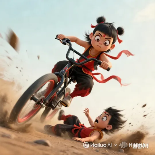 哪吒骑车摔倒面色惊恐万分[左移,上升] by Hailuo AI Video Generator