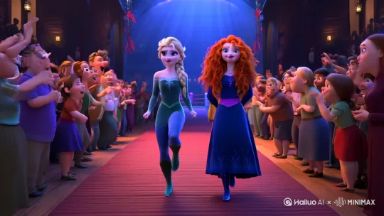 elsa 和 merida 向前走。pov，fpv，无人机视角拍摄， elsa 和 merida 肩并肩向前走，镜头跟随，大步走向镜头，镜头紧随elsa移动，两边的观众和人群向elsa伸手 摆手 挥手 欢呼。每一次迈步都把脚抬高 鞋底抬高 高抬腿。elsa踢正步 向前走，走正步，行军步伐，把脚底抬起 踢向镜头，脚抬高 大跨步，迈大步，踢正步，走正步， 阅兵的行进步伐，轻松 ， 有弹性的步伐，。拳击场的入场通道，拳击比赛入场仪式，  背光，景深，广角。 表情丰富， 翻白眼，  表情夸张 ，说话，摇头晃脑，  。  3d animation ，3d动画。 by Hailuo AI Video Generator