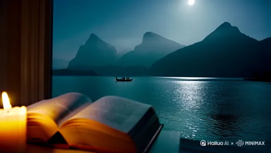 夜晚，窗边，翻开的书籍，摇曳的烛光，窗外是月光洒照的湖面，小船上有人影，远山在夜色中朦胧，静谧且诗意的独处场景 by Hailuo AI Video Generator