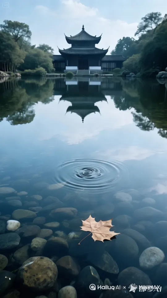 **水下全息摄影**：半水半空气分镜，水面波动扭曲倒影中的古塔  
- **磁悬浮旋转**：摄像机在潭心悬浮自转，转速与涟漪扩散同步衰减 by Hailuo AI Video Generator