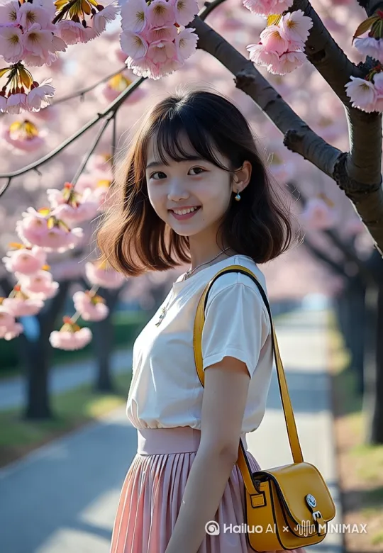 A gentle breeze swept through spring and summer, and some cherry blossom petals fell on the girl's shoulders. The girl smiled sweetly. by Hailuo AI Video Generator