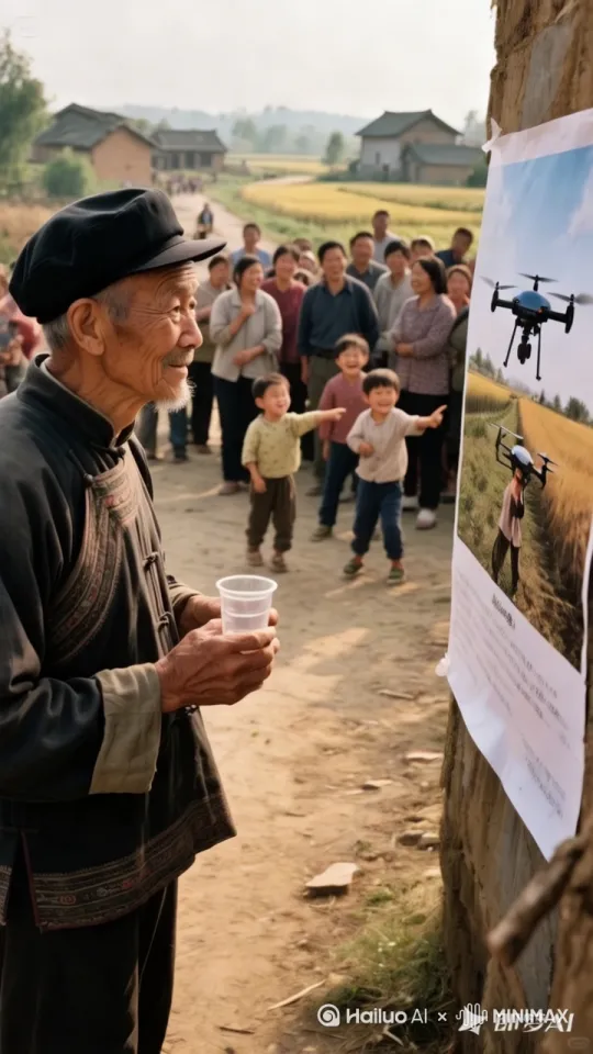 大爷喷一口水上去，无人机从海报里面飞出来，无人机载大爷飞走，镜头移动 动态跟随 by Hailuo AI Video Generator