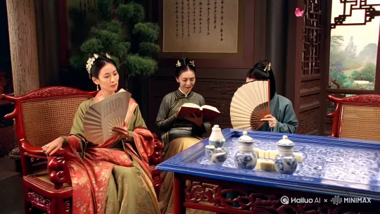 "古风插画，林黛玉、贾宝玉、薛宝钗、贾迎春围坐青花瓷麻将桌，身着明清风格服饰。薛宝钗手持团扇倚坐紫檀雕花椅，黛玉手持书卷侧坐藤编椅，宝玉手持折扇俯身观牌，迎春手持团扇略显局促。背景为雕花木窗透出园林景致，桌上有青瓷茶具与雕花骨牌，空中飘落海棠花瓣，整体色调为水墨淡彩，工笔细腻，光影柔和，人物神态生动，细节精致，充满古典雅趣。" by Hailuo AI Video Generator