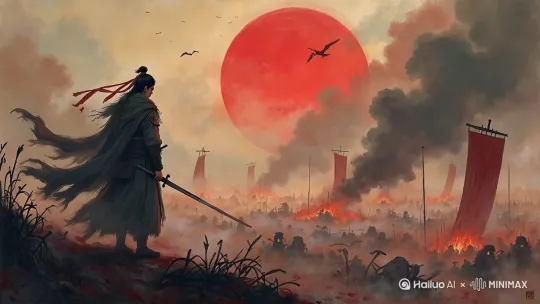 [右移,左摇,跟随]黑烟缓缓升起，下方战火燃烧，任务衣服头发随风而动 by Hailuo AI Video Generator