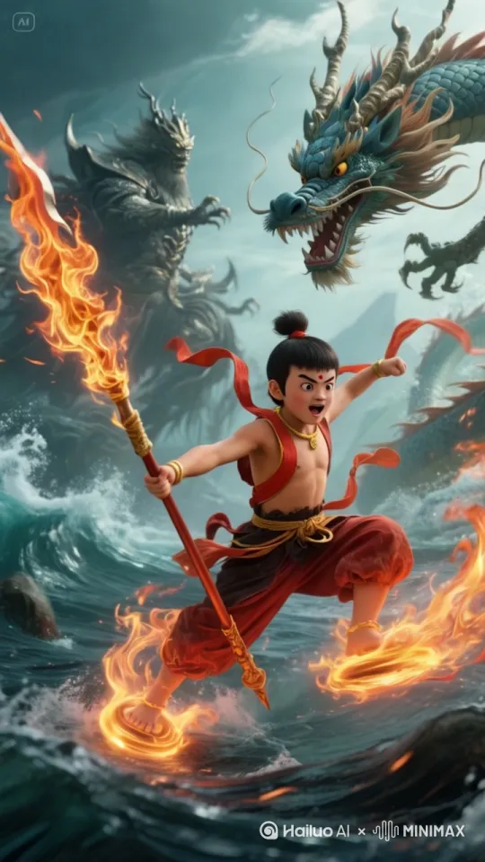 哪吒腾空跃起，身姿矫健，挥舞带火的火尖枪刺向巨龙，双脚轻点水面疾行。巨龙怒目圆睁、口大张，龙须飘动，摆尾掀水波，海水涌起浪花、颜色变深沉。 by Hailuo AI Video Generator