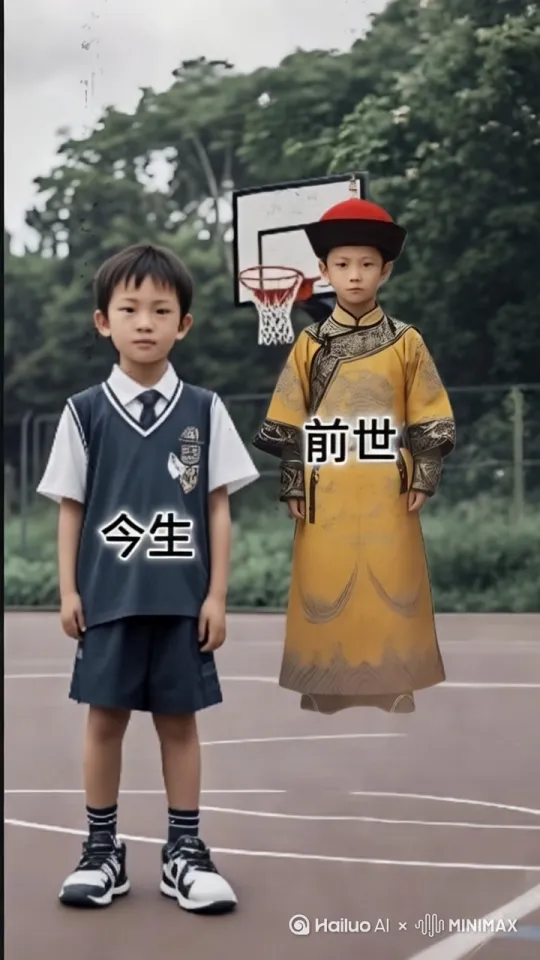 古代小孩走到现代小孩身边对视后互相拥抱 by Hailuo AI Video Generator