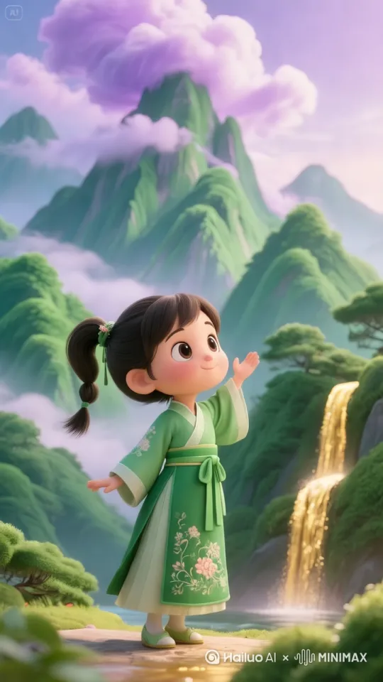 小女孩背景换成背身后靠近竹枝，小女孩动起来，她很开心
场景：墨绿竹林有七只静止黄雀，黄雀的位置和大小都不一样 by Hailuo AI Video Generator