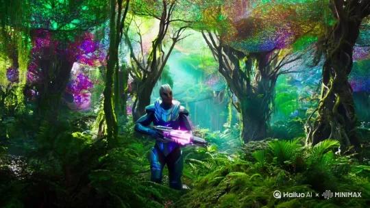 一名外星人战士，走在树林子里面，拿着能量武器准备埋伏敌人 by Hailuo AI Video Generator