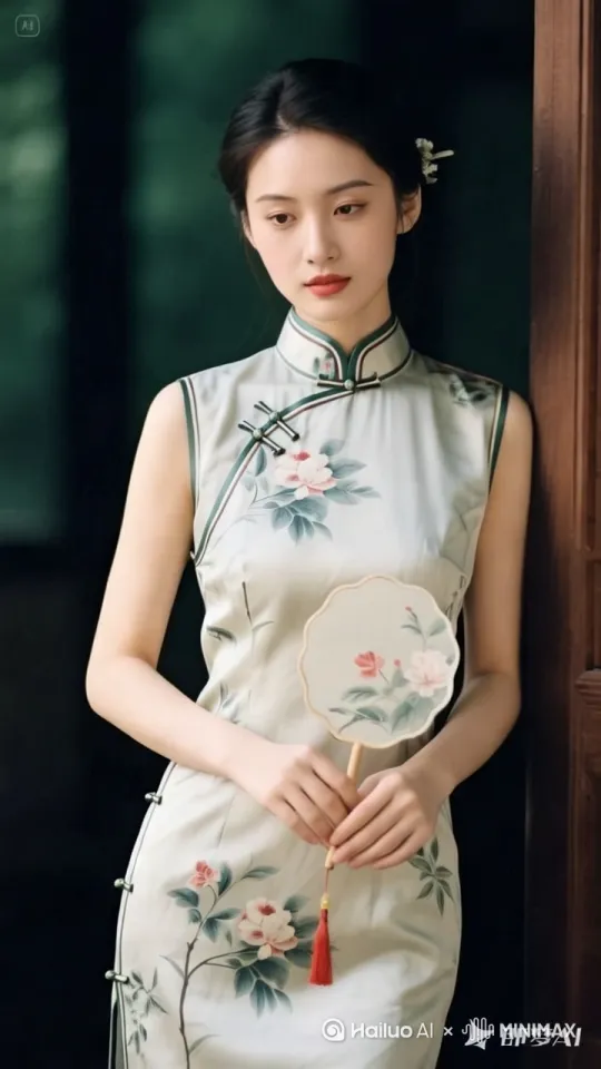 低头凝视手中团扇图案，嘴角泛起一抹浅浅微笑，手指轻触旗袍上的花朵，侧身倚于门框，姿态优雅[右移,左摇,跟随] by Hailuo AI Video Generator