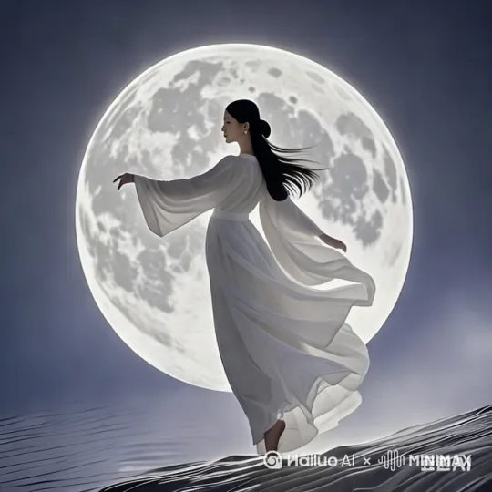 巨大的月亮里面仰卧着一个白衣女子。 by Hailuo AI Video Generator