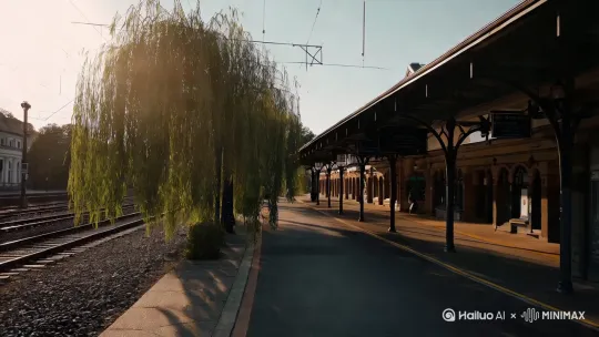 火车站附近的街拍，柳树的柳条随风飘荡，火车站空旷，日光斜下，画面冷暖色调分明 by Hailuo AI Video Generator