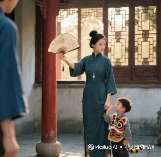乚母亲右手拿扇向前阻拦虚幻者不要靠近孩童，左手护住孩童，孩童朵到母亲身后，伸出脑袋作害怕状[左移,上升] by Hailuo AI Video Generator