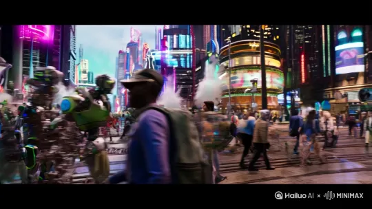 在熙熙攘攘的街道上，有人机结合体，有机器人，也有人在穿梭，赛博朋克风，细节清晰，大师级视觉效果 by Hailuo AI Video Generator