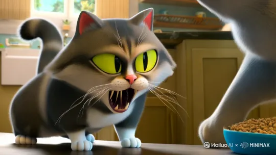 狗看见一只正在进食的猫 by Hailuo AI Video Generator