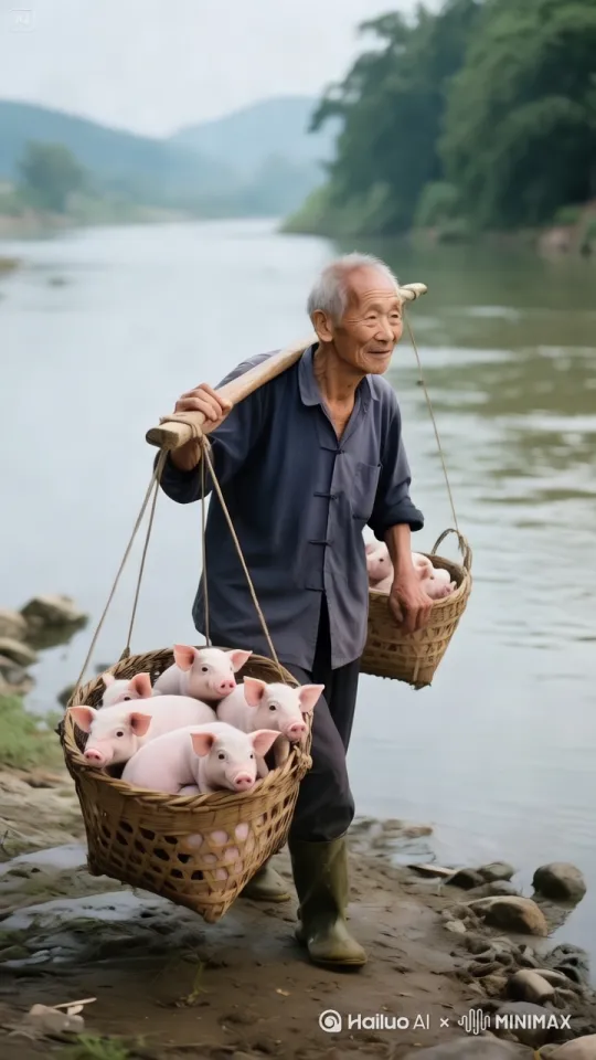 一老人挑着猪崽，大踏步飞快从河上跑过河，大步流星，脚下水花四溅，动作流畅丝滑，中间没有丝毫停顿，一直跑到对岸。镜头跟随。 by Hailuo AI Video Generator