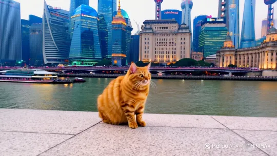 一只萌萌的胖橘猫在上海滩自拍，高清，萌，喜人，[左移,推进,右摇]要突出上海滩的特色，9：16[推进,上升] by Hailuo AI Video Generator