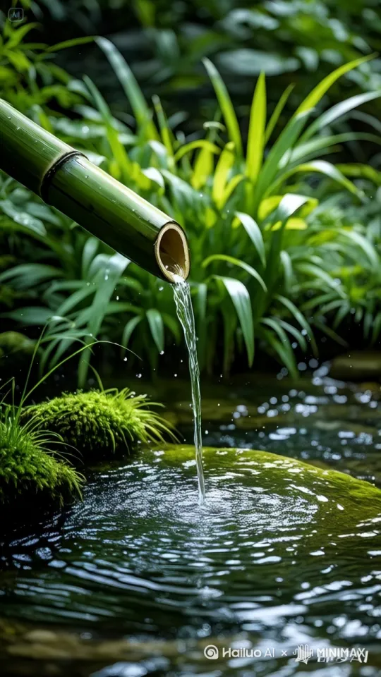 水流从竹筒中流出，形成一道细长的水帘。纷纷扬扬洒落，滴入下方长满青苔的石面上。水面泛起层层细腻的涟漪，一圈圈向外扩散。风吹过，草随风而动。画面协调自然[固定镜头] by Hailuo AI Video Generator