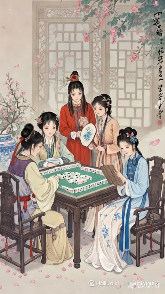 "古风插画,林黛玉、贾宝玉、薛宝钗、贾迎春围坐青花瓷麻将桌,身着明清风格服饰。薛宝钗手持团扇倚坐紫檀雕花椅,黛玉手持书卷侧坐藤编椅,宝玉手持折扇俯身观牌,迎春手持团扇略显局促。背景为雕花木窗透出园林景致,桌上有青瓷茶具与雕花骨牌,空中飘落海棠花瓣,整体色调为水墨淡彩,工笔细腻,光影柔和,人物神态生动,细节精致,充满古典雅趣。" by Hailuo AI Video Generator