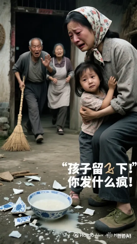 在超高清镜头下，农村小院氛围紧张。一位农村妇女刚与丈夫激烈争吵，满脸委屈，眼眶泛红。她一把抱起怀中孩子，竟双脚离地缓缓飞升。孩子的爸爸满脸懊悔，爷爷、奶奶眉头紧皱，三人急得直跺脚，赶忙追出。[左移,右摇,跟随]可妇女抱着孩子越飞越高，顺着院外波光粼粼的河流，向着远方疾速飞去，身影逐渐变小，只留下院中三人焦急又无奈的身影，夕阳余晖洒在这充满戏剧性的一幕上，渲染出复杂的情绪。 by Hailuo AI Video Generator