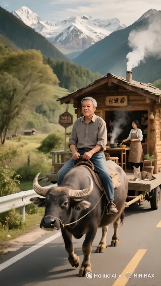 高速动态镜头下,一辆装饰古朴的牛拉房车疾驰在蜿蜒公路上,车轮扬起细碎尘土。膘肥体壮的公牛角上挂着"自驾游"牌子,背上牛仔身姿矫健,双腿夹紧牛腹,一手紧握缰绳,衣摆随风飞扬。房车篷顶烟囱升起袅袅炊烟,车内身着民族服饰的女子专注烹饪,木桌上摆放着锅碗瓢盆,热气腾腾的饭菜香气仿佛透过画面扑面而来。镜头采用跟拍视角,以牛和房车为中心,突出风驰电掣的速度感与生活气息 。 by Hailuo AI Video Generator