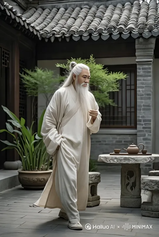 画面以超速POV镜头开启，模拟摄像机视角，如闪电般极速冲向静谧且古韵悠悠的中式庭院。镜头疯狂移动，周边的青石板地面、古朴的墙壁快速向后掠过，产生强烈的动态模糊感，营造出震撼又奇幻的氛围。
 
紧接着镜头聚焦到一位白发老人，他束发规整，长长的白色胡须随风轻摆，身着米白色传统长袍，搭配同色系鞋子，正稳步走在庭院中。临近房屋时，老人突然发力，双足点地，如同矫健的苍鹰一般，轻盈地飞身而起，直直朝着灰瓦屋顶掠去。
 
在老人飞升过程中，镜头紧紧跟随，着重刻画他舒展的身姿、随风飘动的长袍与胡须，凸显其飘逸与洒脱。当老人稳稳落在屋顶之上，镜头定格为中景，展示老人站在灰瓦屋顶的画面，背后是广阔的蓝天，以写实风格细腻呈现这一场景，整体色调自然古朴。随着画面渐暗，飞升的速度感逐渐减缓直至消失。 by Hailuo AI Video Generator