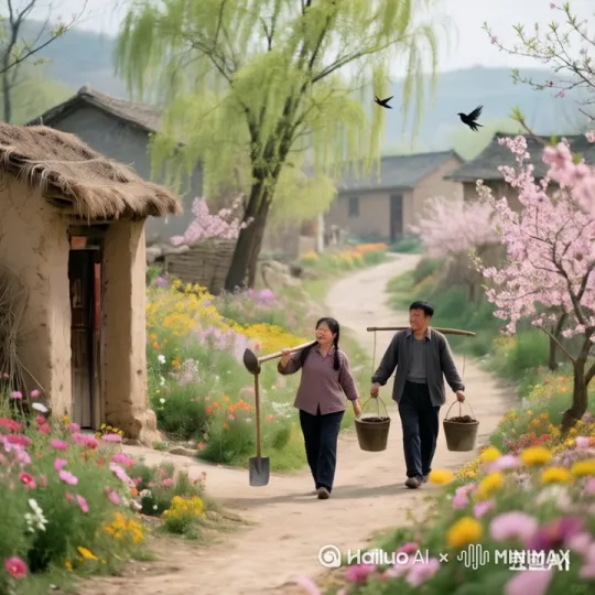 让图片中女扛着锄头，男人担着两个粪桶，两个从小路远处沿着小路走，一直走到小路近处。一路有在说着啥，要电影画感，写真，符合自然逻辑 by Hailuo AI Video Generator