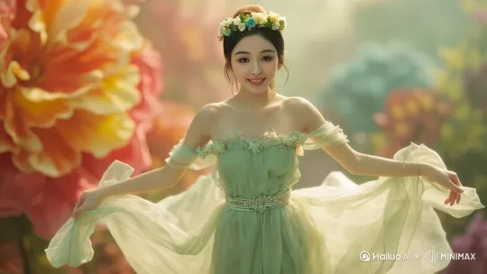 女子的裙摆随风舞动，纱质的纹理在光影下若隐若现。她的发丝也微微飘动，花环上的花朵似乎在轻轻摇曳。背景中的花朵颜色变得更加鲜艳，橙红、粉紫等色彩相互交织，光影在花丛间穿梭。女子微微笑起来，眼神温柔而灵动，仿佛在与周围的花朵和微风互动，整个场景充满了生机与浪漫的气息。 by Hailuo AI Video Generator