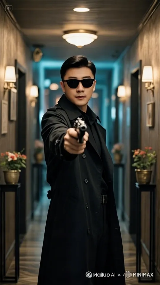 镜头跟随，穿风衣的男子正大步走来，子弹从身边飞过，风衣票动起来，身后的墙上的壁灯被子弹击中破裂，玻璃四溅，墙上被打出弹坑 by Hailuo AI Video Generator