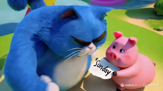 一只蓝色的非常胖胖的猫对着一只粉色的小猪发怒，小猪手中拿着一只纸上面写着“周日”（画风以3D为主） by Hailuo AI Video Generator