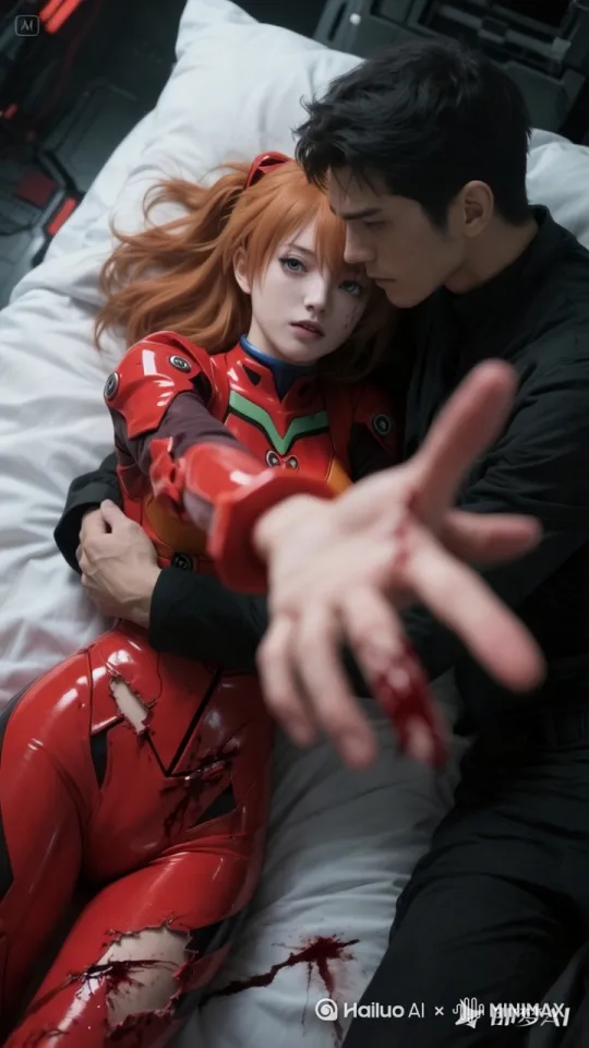 美女受伤嘴角溢出鲜血，被男人抱住亲吻，男人用绷带包扎了她的伤口 by Hailuo AI Video Generator