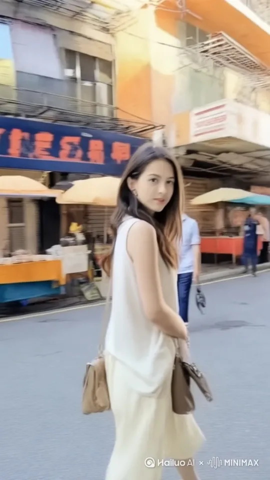繁华的城市街道霓虹灯闪烁，时尚美女手持咖啡行走，低角度手持镜头跟拍人物步伐，傍晚蓝调时刻的冷暖色调对比，广告牌与车灯形成光斑虚化，人物突然回眸撩头发时开启慢动作，4K画质呈现发丝飘动，背景穿插街头艺人弹吉他的人群虚影，使用冷暖色温对比增强都市迷幻感 by Hailuo AI Video Generator