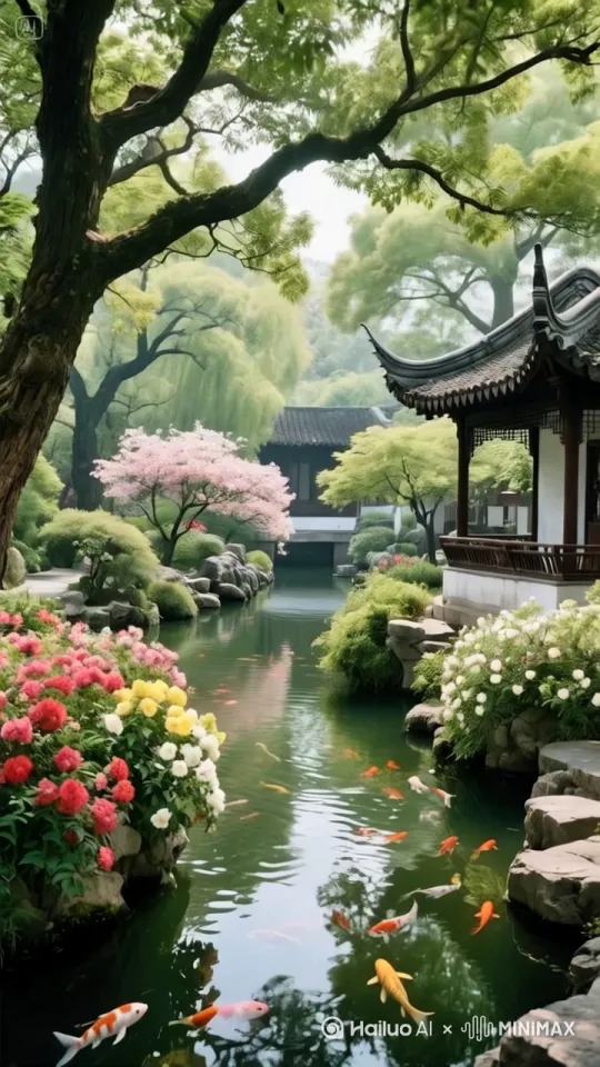 园林景观，观赏鱼儿在水中油。生成清晰度高电影感视频效果画面。[推进] by Hailuo AI Video Generator