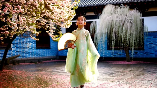 穿着浅绿色刺绣襦裙的少女站在开满桃花的古风庭院，手持团扇仰头接住飘落的花瓣，衣袂被春风轻轻吹起，背景有青砖黛瓦和垂柳，柔和的自然光线透过花枝洒在丝绸面料上，超高清摄影展现汉服织金纹样，浅景深突出人物与花瓣互动的动态感，画面充满春日古典美学氛围 by Hailuo AI Video Generator