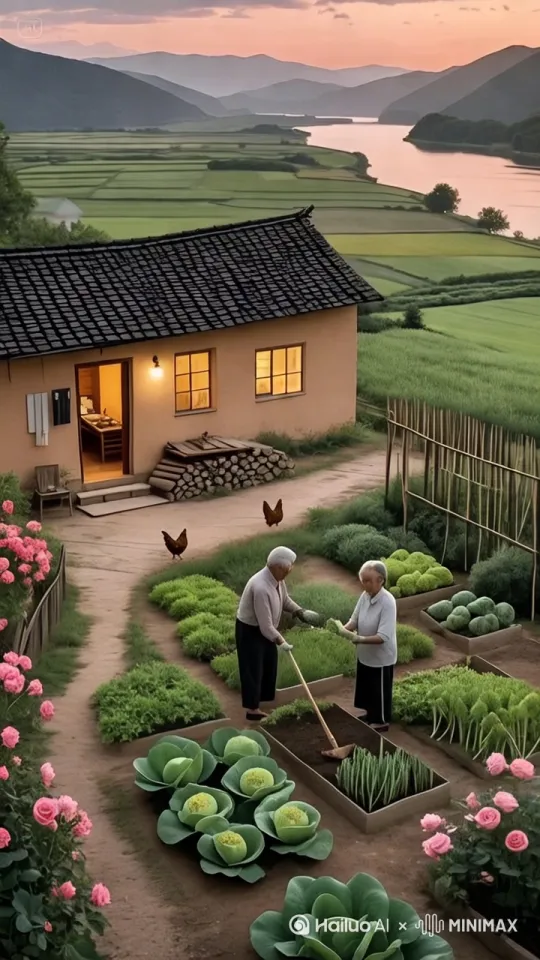 以黄昏时分的乡村田园为背景，展现一座古朴小屋。小屋前是精心打理的菜园，种着卷心菜、葱等各类蔬菜，娇艳的粉色花朵点缀其间。菜园里，两位老人一位手持农具，一位拿着蔬菜，姿态自然，面部表情温和，随着交谈，手部、头部等细微动作自然呈现。几只母鸡在小径上踱步觅食。微风拂过，菜园里的花花草草轻轻摆动，叶片与花瓣摇曳生姿。远处田野、河流与山峦在夕阳余晖下层次分明，色彩柔和渐变，营造出宁静、温馨且真实的乡村生活氛围。[右摇,变焦推进] by Hailuo AI Video Generator