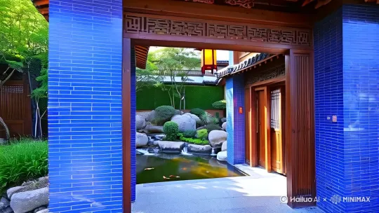网红打卡中式花园餐厅 入户门采用青砖灰瓦与木质雕花门头 入户花园设置假山流水景观与设置鲤池 传统灯笼悬挂 室内采用原木色系装修 明厨区域设置玻璃隔断展示烹饪过程 菜品展示区配置暖光射灯与旋转展台 包厢采用屏风隔断配红木圆桌 卡座区搭配藤编灯具与绿植墙 整体空间采用仿古地砖 大面积落地窗引入自然光 专业词：工笔手绘风格效果图 多视角空间展示 材质细节标注 动线规划示意图 灰绿色调渲染 600㎡单层平面布局图 景观节点特写 by Hailuo AI Video Generator