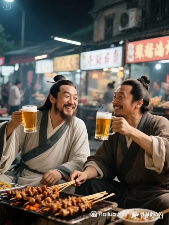 [推出,上升,下摇][推进,上升][下降,上摇][左摇,变焦推进]
画面中的人物端起扎啤喝了一口。背景：羊肉串烤的滋滋冒油，动作流畅 by Hailuo AI Video Generator