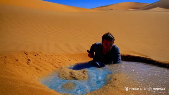 撒哈拉腹地的流浪者循着地下震动挖掘，铁锹突然陷入温热蓝沙。流沙漩涡中升起透明水柱，折射出亿万年前海洋生物的残影。夜幕降临时，整片沙丘开始起伏如波浪，沙粒在月光下呈现磷光鳞片质感。巨型鲸鱼的半透明骨骼从地底浮现，胸腔内悬浮着小型银河系。当探险者将手掌贴在鲸骨上时，星光顺着他的血管游走，沙海轰然塌陷成海洋，古老鲸歌混着星际电波响彻云霄 by Hailuo AI Video Generator