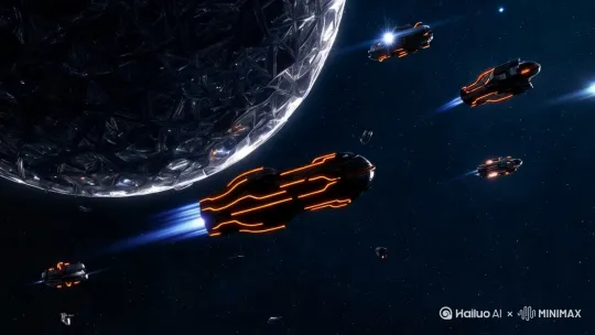 分镜2: 宏伟的戴森球在深空背景下持续吸收恒星能量。镜头上方缓缓掠过数艘带有蓝色推进火焰的小型探测船，金属框架表面流动着能量回路的橙红色光纹，远处星空呈现深邃的靛蓝色调。[左移,上升] by Hailuo AI Video Generator