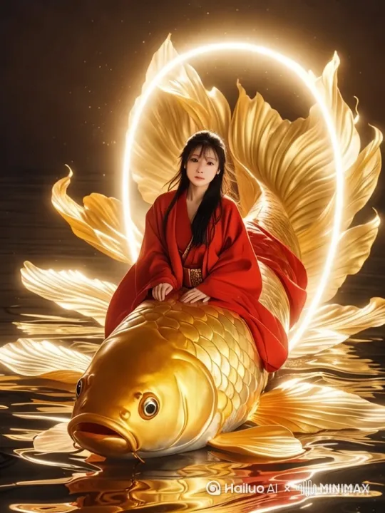 [推出,上升,下摇][推进,上升][下降,上摇][左摇,变焦推进]中国风奇幻数字艺术，“鲤跃龙门”主题动画场景，一位身着华丽红色汉服的少女端坐于巨大金色鲤鱼之上，鲤鱼跃出水面，少女长发随风飘扬，手中轻握一卷古籍。背景是月色下的水墨山水，一轮明亮的满月悬挂空中，形成神圣光环。水面波光粼粼，映照出金色鲤鱼与少女的倒影，鲤鱼的鳞片闪烁着金属光泽，尾鳍优雅摆动。画面洋溢着浓厚的东方神秘氛围，动态效果流畅，展现了一幅生动的神话传说画卷。中景，侧视视角，强调动态跃动之美。
画面中的人物动作流畅 by Hailuo AI Video Generator