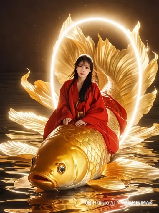 中国风奇幻数字艺术，“鲤跃龙门”主题动画场景，一位身着华丽红色汉服的少女端坐于巨大金色鲤鱼之上，鲤鱼跃出水面，少女长发随风飘扬。背景是月色下的水墨山水，一轮明亮的满月悬挂空中，形成神圣光环。水面波光粼粼，映照出金色鲤鱼与少女的倒影，鲤鱼的鳞片闪烁着金属光泽，尾鳍优雅摆动。画面洋溢着浓厚的东方神秘氛围，动态效果流畅，展现了一幅生动的神话传说画卷。中景，侧视视角，强调动态跃动之美。 by Hailuo AI Video Generator