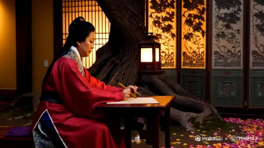 score_9,score_8_up,score_7_up,score_6_up,score_5_up, Hanfu, a traditional Chinese garment, is depicted in this image. The individual is seated at a table, engaging in a tranquil activity, possibly writing or painting, illuminated by the warm glow of a lantern. A gnarled tree trunk and a folding screen with intricate carvings provide a serene, natural backdrop, while the floor is scattered with petals, adding to the peaceful, contemplative atmosphere.[左移,右摇,跟随] by Hailuo AI Video Generator