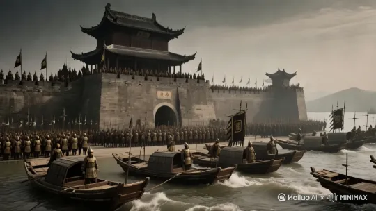 [右移,左摇,跟随]画面中能看到旗帜在飘动，水面浪花翻涌，云彩飘动， by Hailuo AI Video Generator