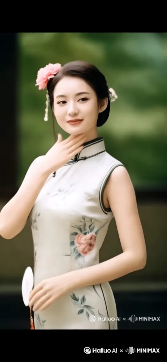 [右摇,变焦推进]女子轻抬玉手轻抚鬓边花，女子优雅转身展示旗袍背面，眉眼含笑微微侧头，轻摆身姿步伐款款前行 by Hailuo AI Video Generator