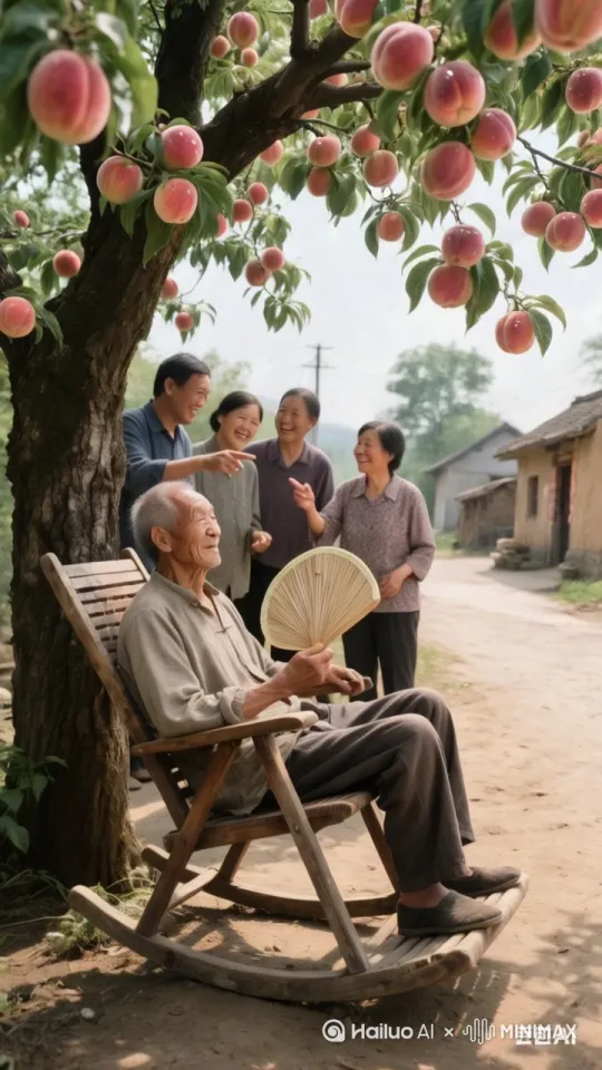真实摄影，超细节，16K超清画质，中景镜头，50mm焦距，画面中心是那把突然飞起的椅子及坐在上面的老爷爷。老爷爷一脸惊愕却又下意识地伸手去摘桃子，他的衣服被气流鼓起，白发也随风飘动，脸上皱纹因惊讶与紧张而更加明显。椅子四条腿在空中胡乱晃动，木质纹理清晰可辨。树上桃子饱满欲滴，在阳光照耀下色泽鲜艳，仿佛触手可及。旁边几个村民满脸都是难以置信的惊讶表情，嘴巴大张，眼睛瞪得滚圆，有的甚至还抬起手臂，似要下意识阻拦却又不知所措。周围是农村村口的场景，地面的尘土因椅子飞起而微微扬起，远处的农舍安静伫立，蓝天中几朵白云悠悠飘荡。整体营造出一种充满奇幻与意外感，打破乡村宁静日常的氛围。 by Hailuo AI Video Generator