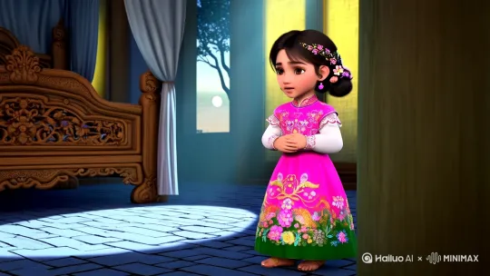 Verse: "so bright a light on the foot of my bed",
Poetry Artistic Conception: Describes the poet at the bedside,seeing the bright moonlight sprinkling on the ground,creating a quiet and slightly lonely atmosphere.,
Character: character image: little girl image:5-year-old q version 3D animation little girl,head-to-body ratio 2:1,body improvement,clothing details: dressed in pink antique dress,skirt body embroidered with delicate flower and bird patterns,with white inner sleeves and green skirt,neckline and chest decorated with gold patterns,adding elegance; Wear gorgeous hair ornaments,decorated with flowers and beads,and pink earrings,the overall shape fits the style of the Tang Dynasty,showing the classical adorable interest. The little girl stood in front of an antique wooden bed.,
Dress: Tang Dynasty style dress such as pink antique dress in the above character description.,
Background: The elegant bedroom,the wooden structure is clearly visible,the bed is beautifully carved,and the bed curtain is half covered. The ground is a simple blue brick,and the moonlight passes through the window,forming a large silvery white light and shadow on the ground,with soft edges. The window paper on the window is glowing with a faint yellow light,and the outline of the trees in the courtyard can be seen outside the window,and the branches are gently shaking in the night wind.,
Posture: The little girl bowed her head slightly,her eyes fixed on the moonlight on the ground,her hands folded in front of her,her head tilted slightly,as if she were curiously observing the bright moonlight.,
Painting style: Chinese classical 3D Pixar style,8K super HD resolution,top master masterpiece,ultra-fine section,ultra-fine,optimized details,exquisite pictures,bright colors. The picture is mainly warm yellow,highlighting the white and bright moonlight,contrasting with the warm indoor colors,creating a quiet atmosphere.,
Composition: The little girl stands in the lower,[左移,推进,右摇] by Hailuo AI Video Generator