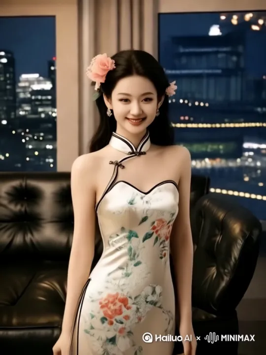 [左摇,变焦推进]女子轻盈转身展示旗袍，女子抬手捋了捋耳边碎发，女子微笑着低头颔首，女子迈出优雅的一小步，女子侧身展示旗袍线条 by Hailuo AI Video Generator