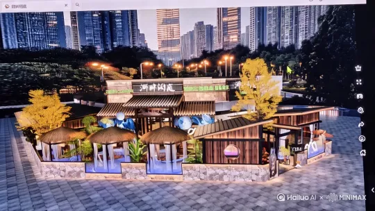 日落黄昏下的河畔花园餐厅  生成全景动画电影视频效果 门前增加溪流 花园 等待就餐的顾客 by Hailuo AI Video Generator