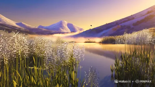 [推进,上升]"Tranquil lakeside at dawn, hyperrealistic ecosystem showing:  
① Foreground: dewy reed beds with light refraction in water droplets  
② Midground: still water mirroring pastel sky gradient (pantone 14-3907 TCX to 16-4030 TCX)  
③ Background: snow-capped mountains with altitude-based vegetation zoning  
④ Dynamic elements: drifting mist layers at different heights, crane bird stretching wings in golden hour light, pollen particles floating in air shafts  
Color scheme: muted analogous tones with 5% accent of warm highlights, subtle chromatic aberration at edges  
Camera: tilt-shift lens simulating miniature effect, motion blur on flying insects" by Hailuo AI Video Generator