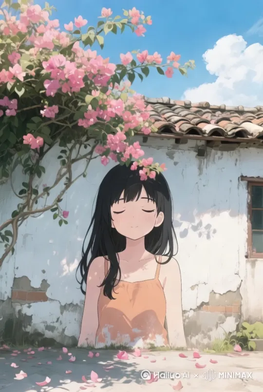 镜头围绕墙上的壁画向右旋转，微风吹动花朵 by Hailuo AI Video Generator